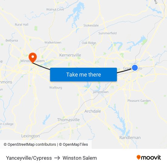 Yanceyville/Cypress to Winston Salem map