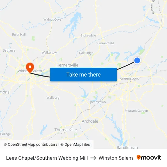 Lees Chapel/Southern Webbing Mill to Winston Salem map