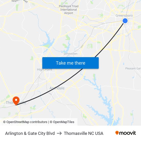 Arlington & Gate City Blvd to Thomasville NC USA map