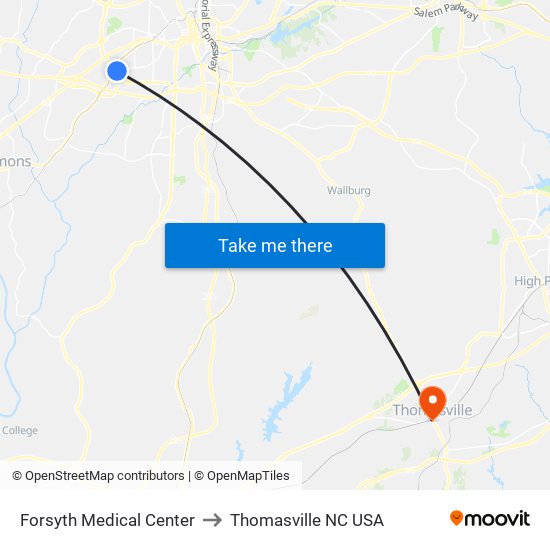 Forsyth Medical Center to Thomasville NC USA map