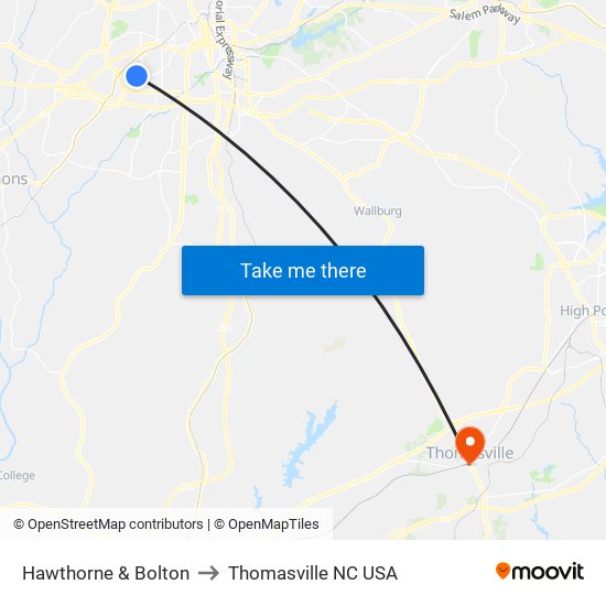 Hawthorne & Bolton to Thomasville NC USA map