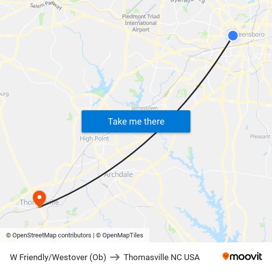 W Friendly/Westover (Ob) to Thomasville NC USA map