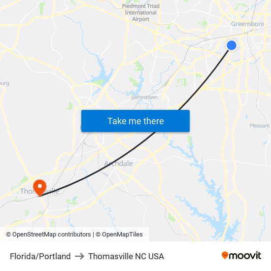 Florida/Portland to Thomasville NC USA map