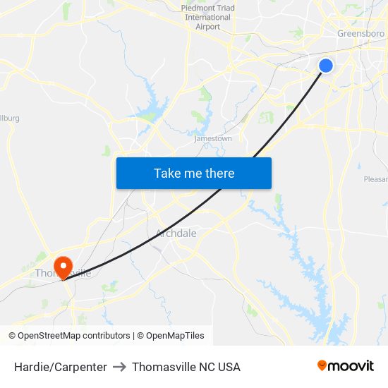 Hardie/Carpenter to Thomasville NC USA map