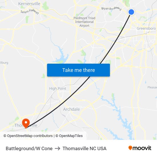 Battleground/W Cone to Thomasville NC USA map