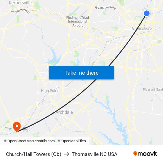 Church/Hall Towers (Ob) to Thomasville NC USA map