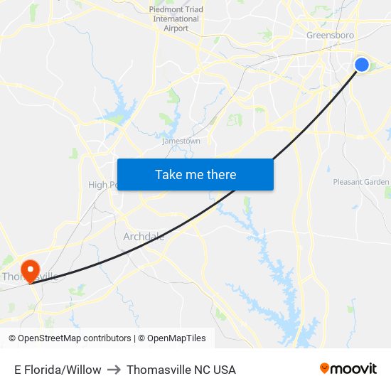 E Florida/Willow to Thomasville NC USA map