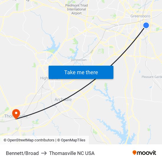 Bennett/Broad to Thomasville NC USA map