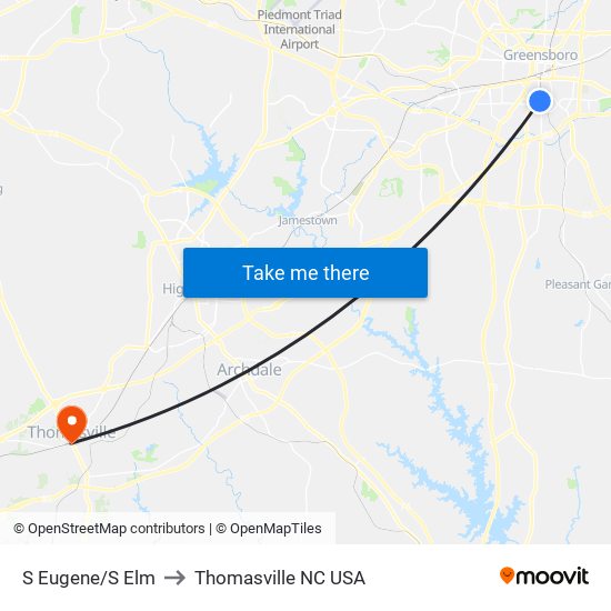 S Eugene/S Elm to Thomasville NC USA map