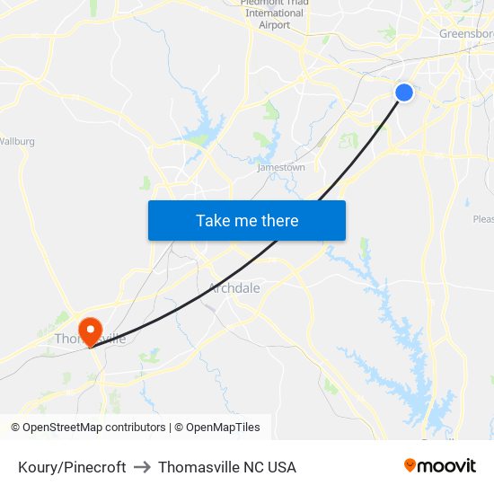 Koury/Pinecroft to Thomasville NC USA map