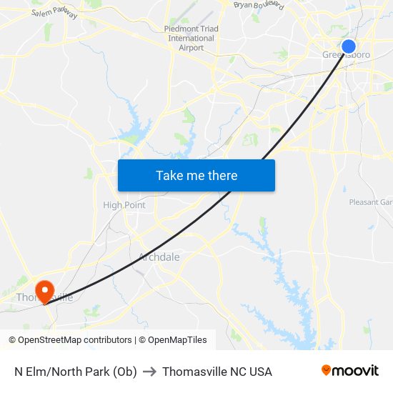 N Elm/North Park (Ob) to Thomasville NC USA map