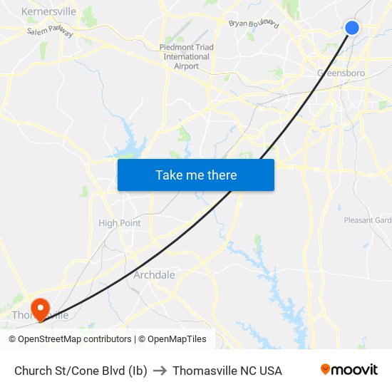 Church St/Cone Blvd (Ib) to Thomasville NC USA map