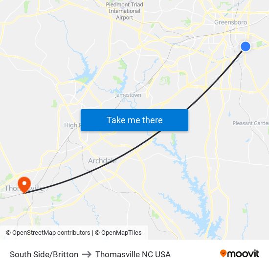South Side/Britton to Thomasville NC USA map
