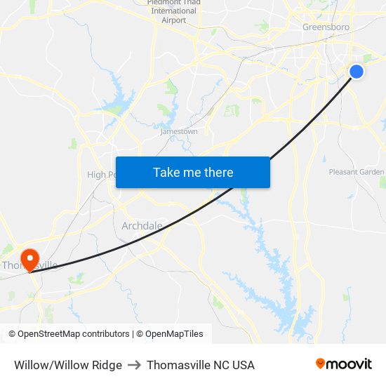 Willow/Willow Ridge to Thomasville NC USA map