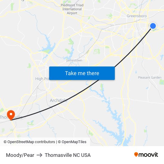 Moody/Pear to Thomasville NC USA map