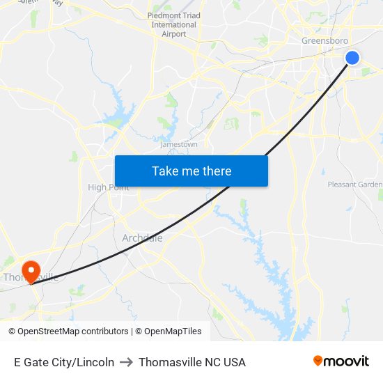 E Gate City/Lincoln to Thomasville NC USA map