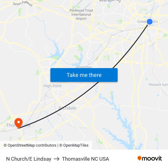 N Church/E Lindsay to Thomasville NC USA map