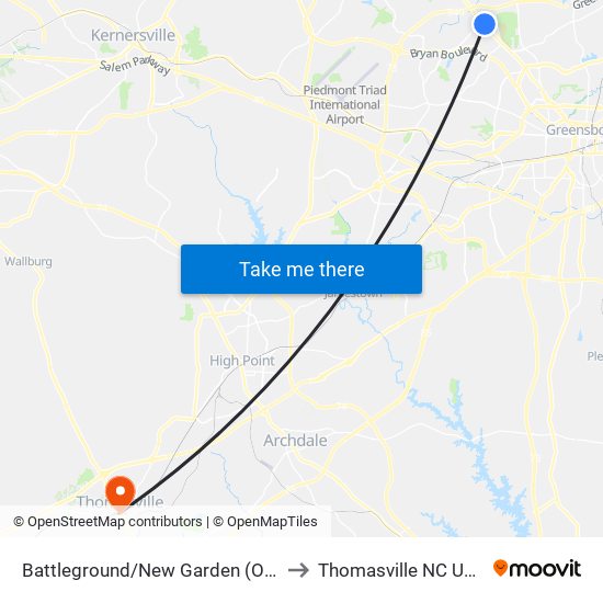 Battleground/New Garden (Ob) to Thomasville NC USA map