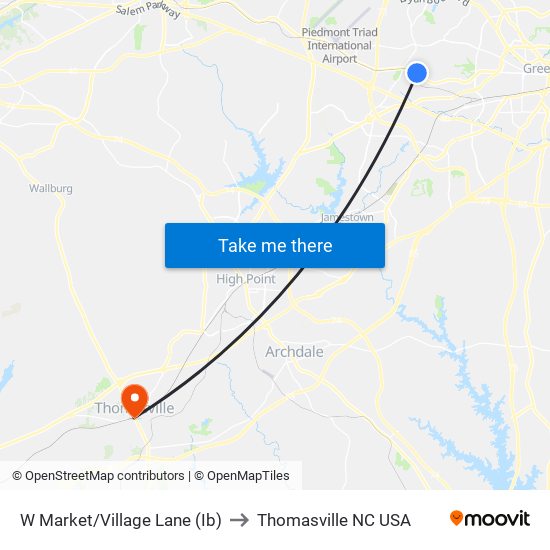 W Market/Village Lane (Ib) to Thomasville NC USA map