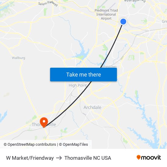 W Market/Friendway to Thomasville NC USA map