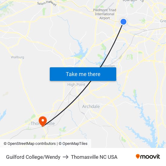 Guilford College/Wendy to Thomasville NC USA map