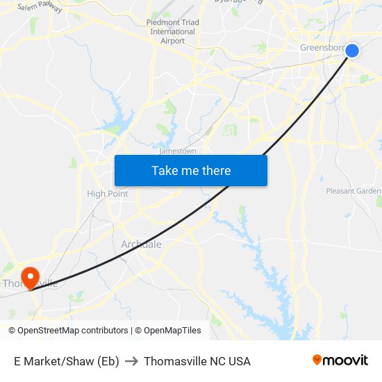 E Market/Shaw (Eb) to Thomasville NC USA map