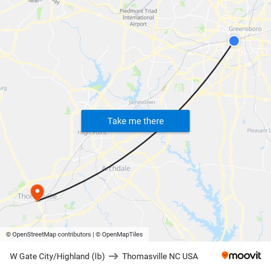 W Gate City/Highland (Ib) to Thomasville NC USA map