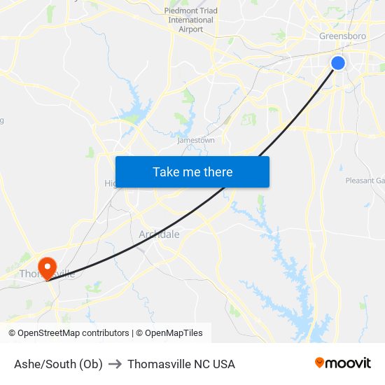 Ashe/South (Ob) to Thomasville NC USA map