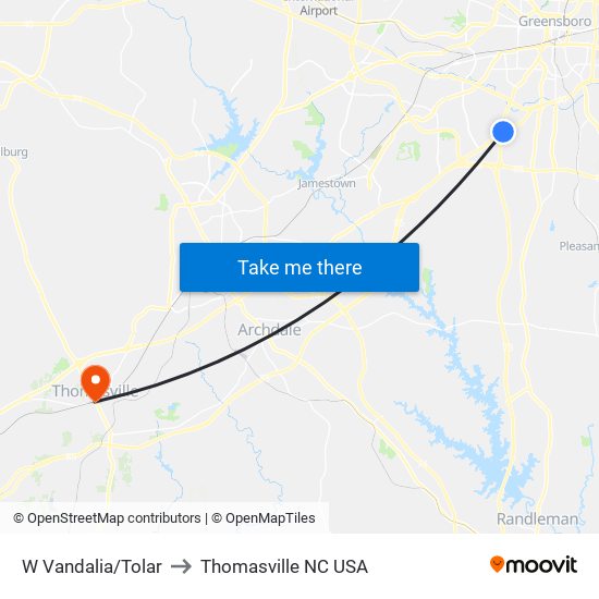 W Vandalia/Tolar to Thomasville NC USA map