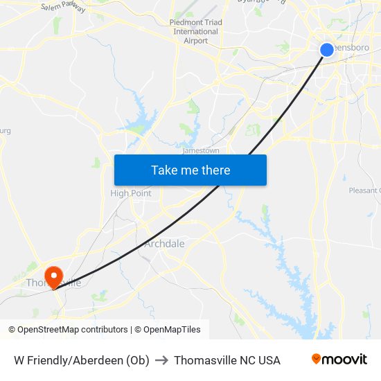 W Friendly/Aberdeen (Ob) to Thomasville NC USA map