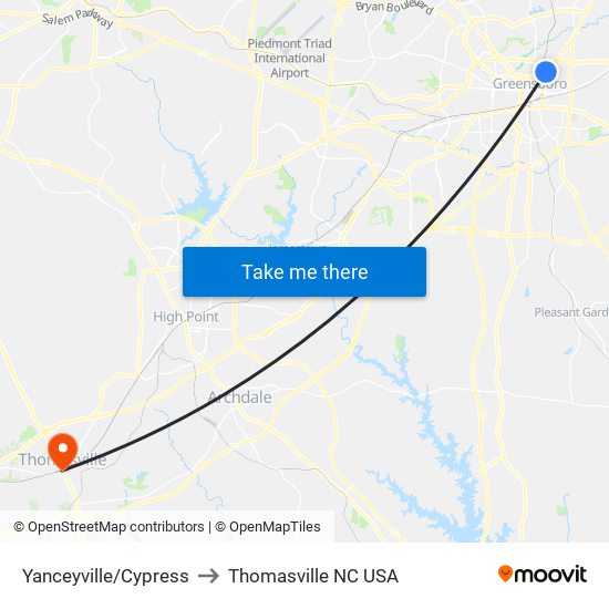Yanceyville/Cypress to Thomasville NC USA map