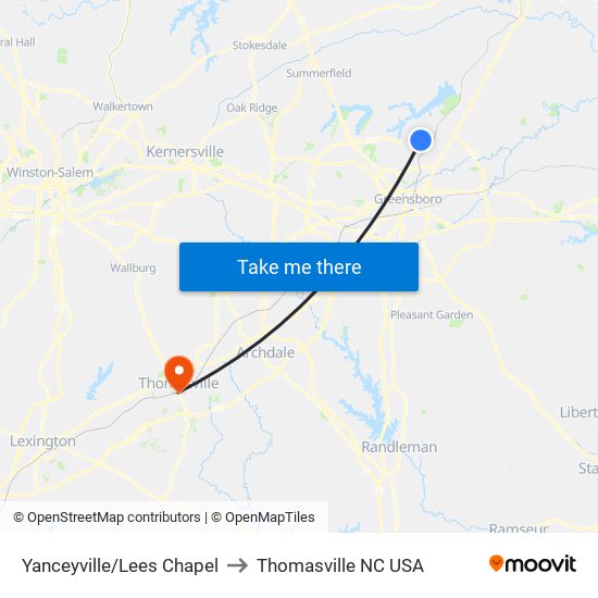 Yanceyville/Lees Chapel to Thomasville NC USA map