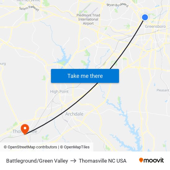 Battleground/Green Valley to Thomasville NC USA map