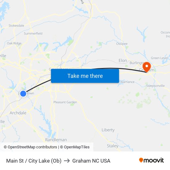 Main St / City Lake (Ob) to Graham NC USA map