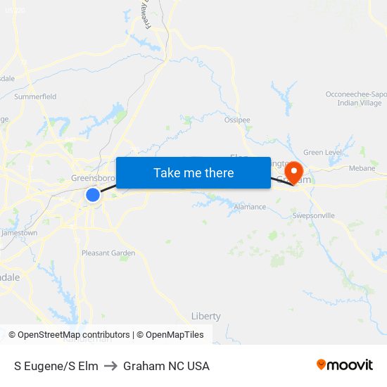 S Eugene/S Elm to Graham NC USA map