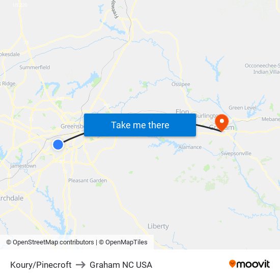 Koury/Pinecroft to Graham NC USA map