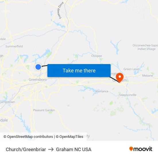 Church/Greenbriar to Graham NC USA map