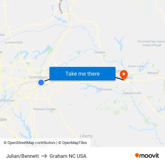Julian/Bennett to Graham NC USA map
