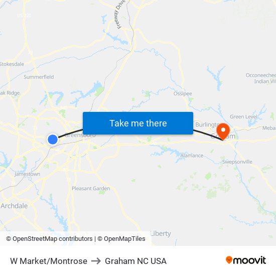 W Market/Montrose to Graham NC USA map