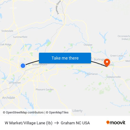 W Market/Village Lane (Ib) to Graham NC USA map