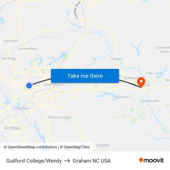 Guilford College/Wendy to Graham NC USA map