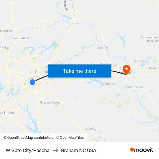 W Gate City/Paschal to Graham NC USA map