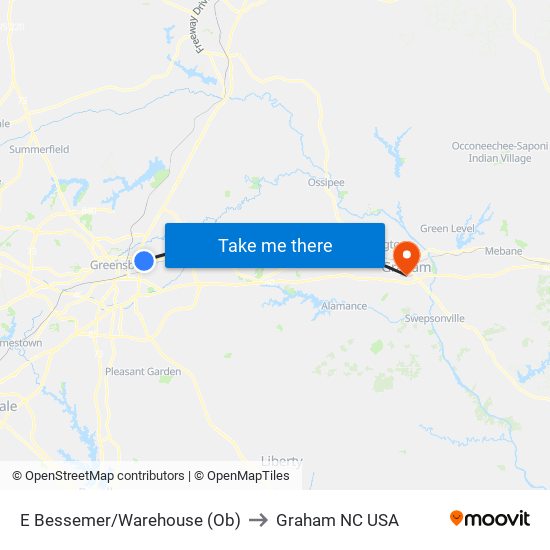 E Bessemer/Warehouse (Ob) to Graham NC USA map