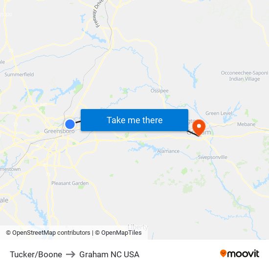 Tucker/Boone to Graham NC USA map