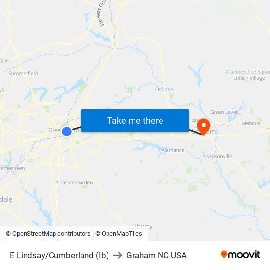 E Lindsay/Cumberland (Ib) to Graham NC USA map