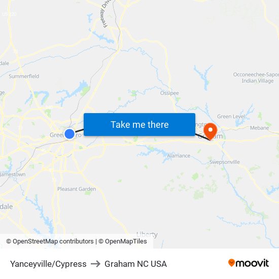 Yanceyville/Cypress to Graham NC USA map