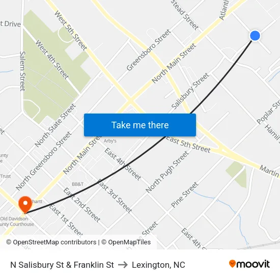 N Salisbury St & Franklin St to Lexington, NC map