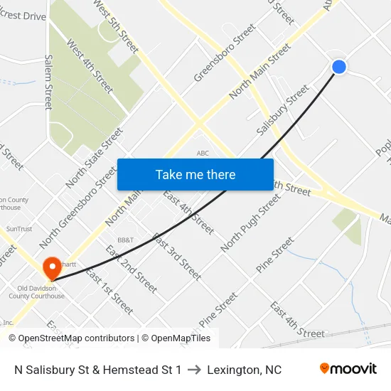N Salisbury St & Hemstead St 1 to Lexington, NC map