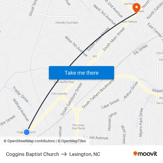Coggins Baptist Church to Lexington, NC map