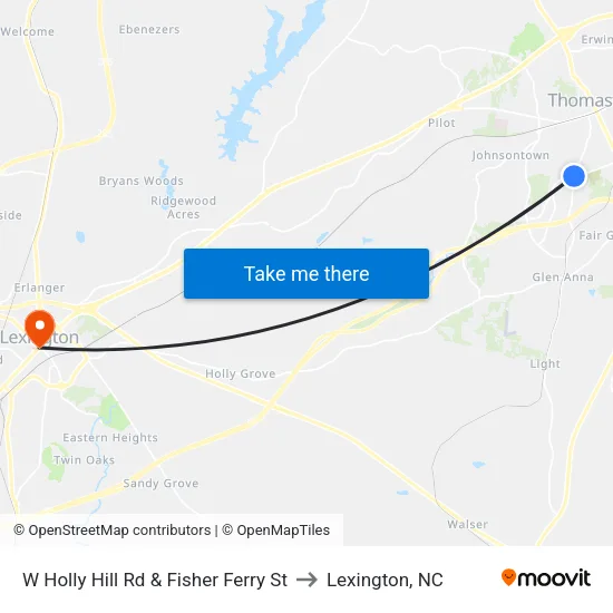 W Holly Hill Rd & Fisher Ferry St to Lexington, NC map